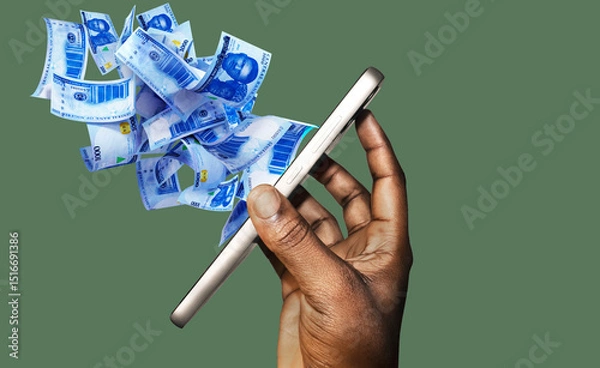 Obraz Black African Hand holding mobile phone with many Nigerian Naira coming spitting flying out of the screen on green background. side view of phone