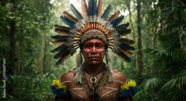 Fototapeta Indigenous man with feather headdress and face paint in a lush green tropical forest setting outdoors