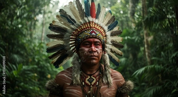 Fototapeta Indigenous man in headdress with face paint standing in lush green tropical rainforest setting