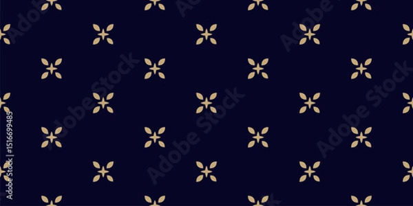 Fototapeta Vector floral minimalist seamless pattern. Abstract black and gold minimal geometric ornament with small flowers, stars, leaves. Simple luxury background. Stylish golden texture. Repeated easy design