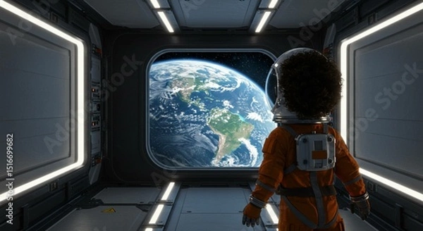 Fototapeta Astronaut in orange suit views earth from space station window with bright interior lighting