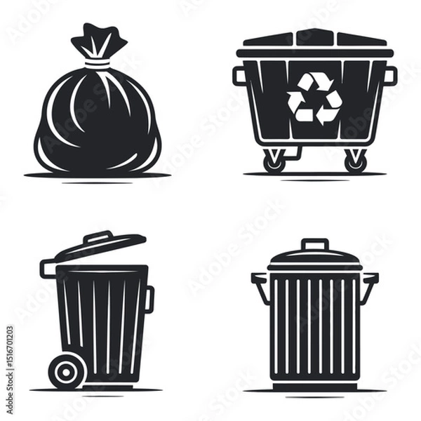 Fototapeta Collection of Trash Can and Garbage Bin Icons in Black and White Silhouette Style for Waste Management and Environmental