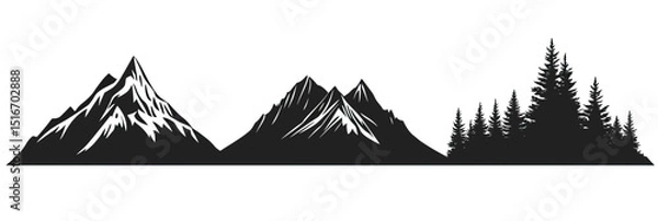 Obraz Silhouette of rugged mountain peaks and dense pine forest vector landscape minimalist outdoor nature design element black and white illustration