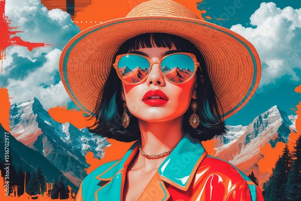 Fototapeta Vibrant Pop Art Style Portrait of a Woman with Mountain Reflection Sunglasses and Bold Colors