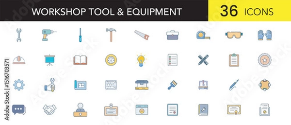 Fototapeta Minimal Flat Workshop Tools Silhouette Icon Set color