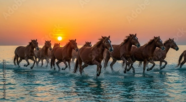 Fototapeta Horses running through water at sunset creating a beautiful and dynamic scenic view of nature