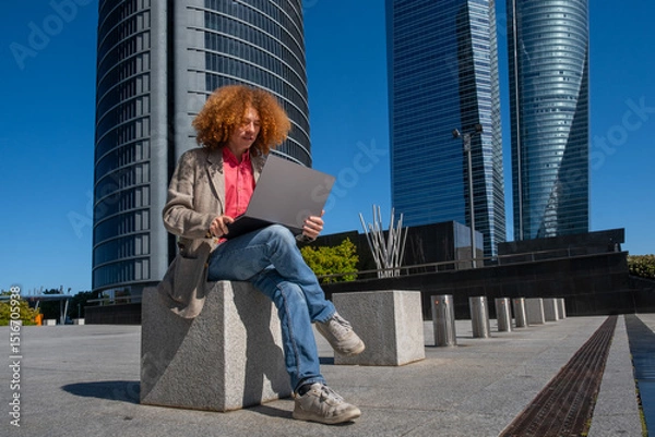 Fototapeta Young man with curly red hair working on a laptop in a modern financial district. He sits on a concrete bench with casual-smart outfit. Concept of remote work, focus and sustainable urban lifestyle