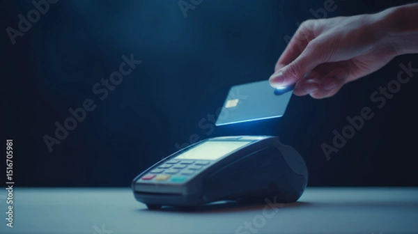 Obraz glowing contactless card being held above POS device, minimal tech background