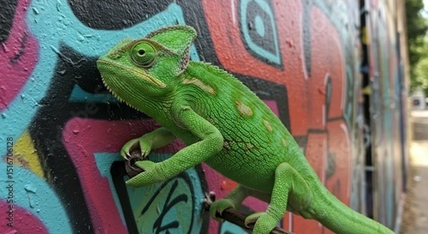 Fototapeta Green chameleon perched on a branch against a colorful graffiti wall in an outdoor setting during daytime