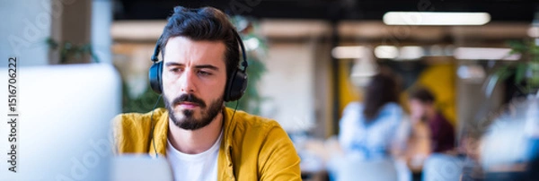 Obraz neurodiverse programmer working with noise-cancelling headphones and focused interface