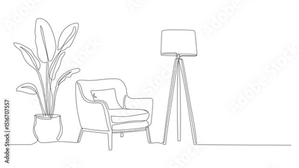Fototapeta Continuous line drawing of a cozy living room with armchair, lamp and plant. Modern loft interior in minimalist linear style. Editable vector illustration.