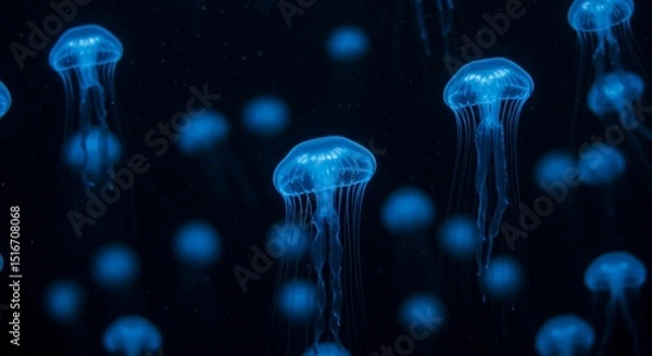 Fototapeta Glowing jellyfish floating in dark water with blue light illuminating their translucent bodies and tentacles