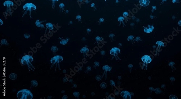 Fototapeta A multitude of jellyfish swimming in a dark ocean with bioluminescent glow in the deep sea water