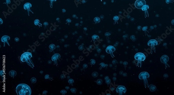 Fototapeta A swarm of jellyfish swimming in dark ocean water with bioluminescent glow creating an ethereal scene