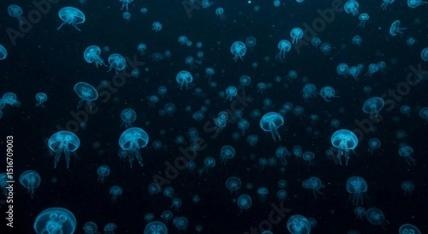 Fototapeta A swarm of blue jellyfish floating in the dark ocean water with visible tentacles and translucent bodies