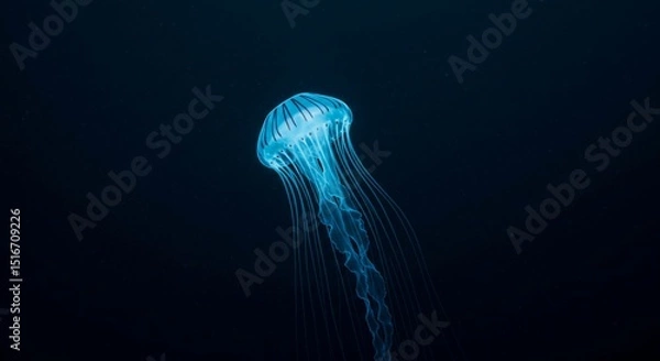Fototapeta Luminous jellyfish gracefully drifting in the deep blue ocean water with long trailing tentacles
