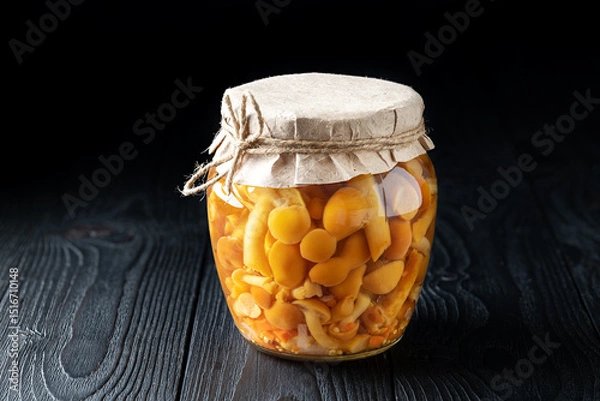 Fototapeta Jar of Pickled Mushrooms on Rustic Wooden Background