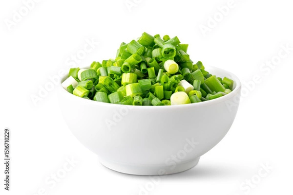 Fototapeta Chopped Green Onions in White Bowl Isolated on White Background