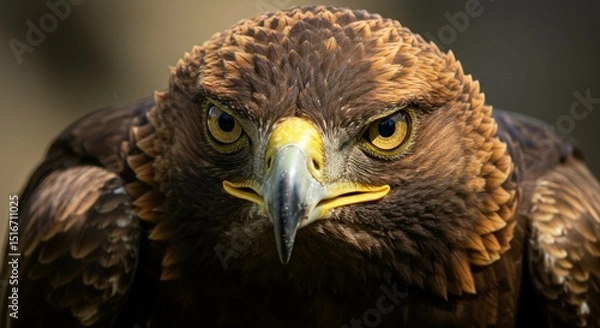 Fototapeta Close up portrait of a golden eagle with intense gaze and detailed feathers against a blurred background