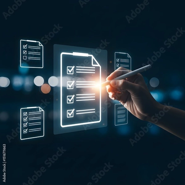 Fototapeta Digital checklist on screen hand using stylus