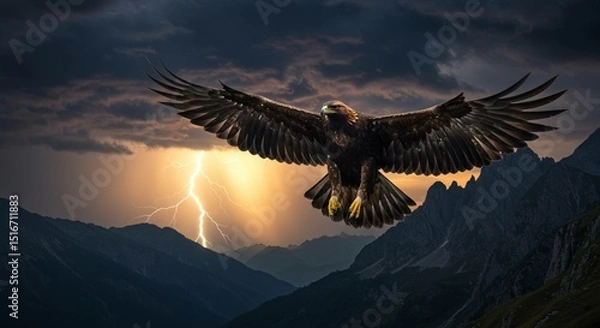 Fototapeta Eagle soaring through stormy skies with lightning striking behind mountain peaks in the distance