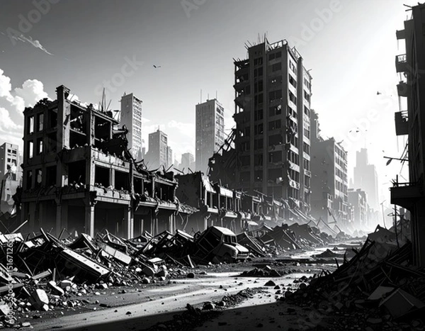 Fototapeta Black and white illustration of a city with destroyed and crumbling buildings in a post-apocalyptic setting