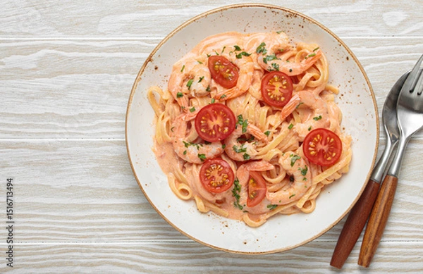 Obraz Seafood linguine pasta in creamy sauce with shrimp and cherry tomatoes, garnished with fresh parsley, served on white wooden background with cutlery top view, copy space