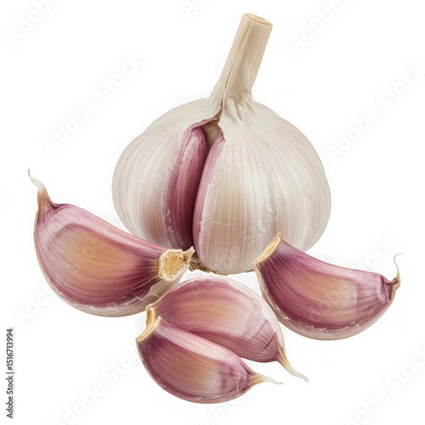 Fototapeta Garlic bulb and cloves close up on transparent background