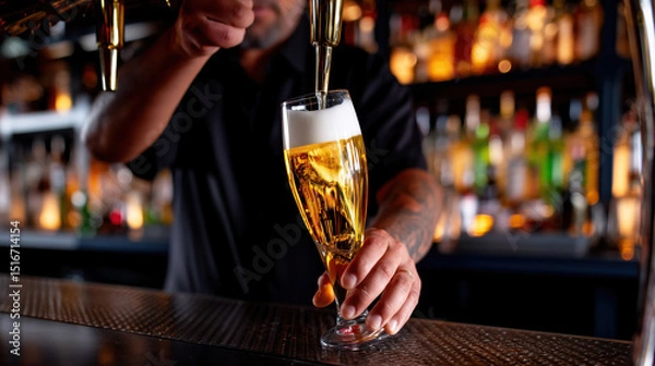 Fototapeta Bartender pouring beer into glass in bar with blurred background
