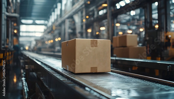 Fototapeta Cardboard box moving along a conveyor belt in a factory or warehouse setting.