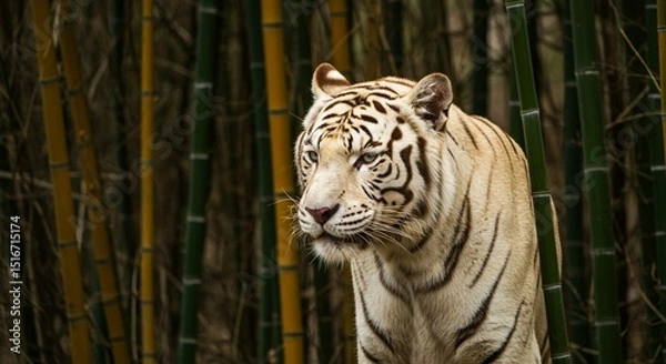 Fototapeta A majestic white tiger standing in front of a bamboo forest with a focused and intense gaze forward