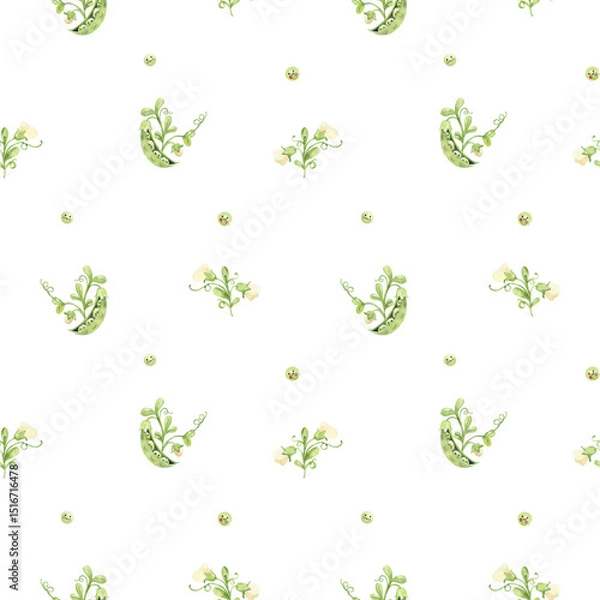 Fototapeta Cute Cartoon Green Peas Pattern in Watercolor Style for Children's Textile Background  ..