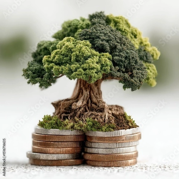Fototapeta Emerging Wealth A Small Tree Grows from a Stack of Coins in a Financial Business Environment