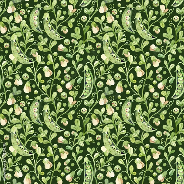 Fototapeta Cute Cartoon Green Pea Pattern on Dark Green Background