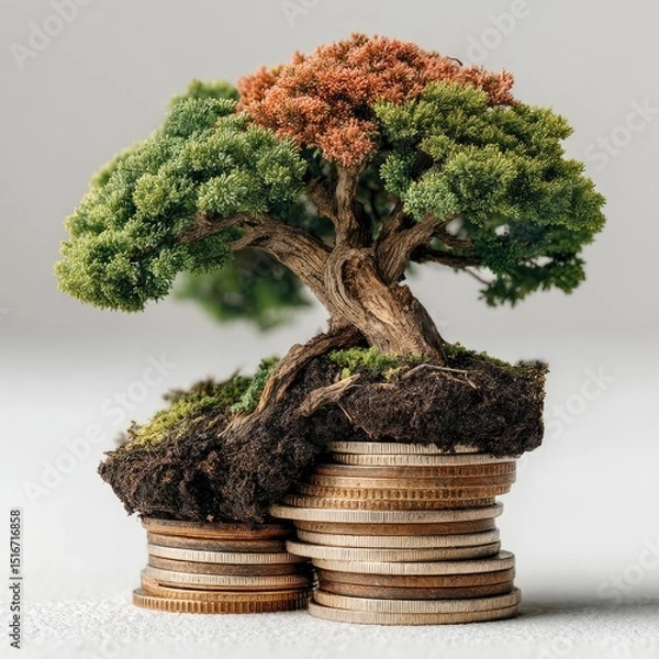 Obraz Growing Wealth Indoor Still Life of a Small Tree Thriving on Coins Symbolizing Financial Growth