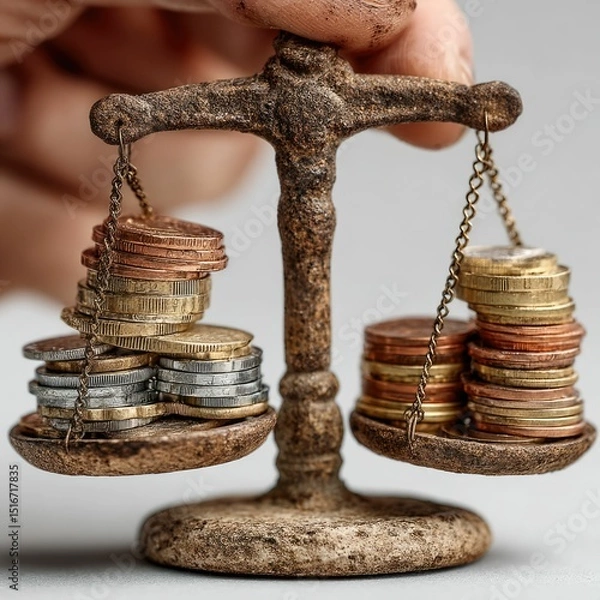 Obraz Balancing Coins on a Scale Financial Setting Image Close-up View Investment Concept