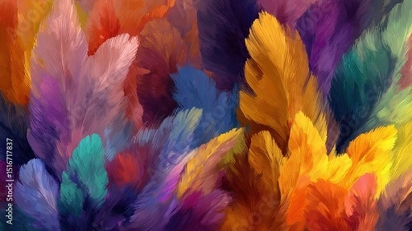 Fototapeta Colorful feathers background, digital painting with vibrant colors and rich texture
