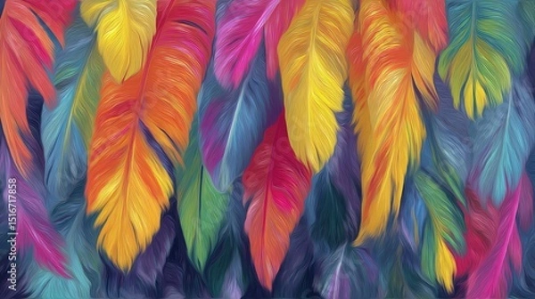 Fototapeta Colorful feathers background, digital painting with vibrant colors and rich texture