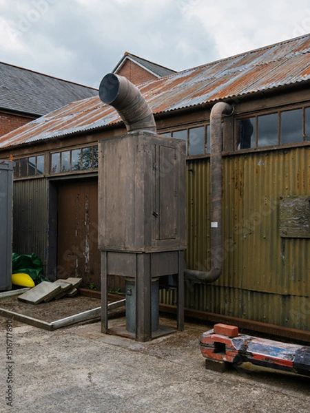 Fototapeta Industrial exhaust system beside a weathered building on a cloudy day.