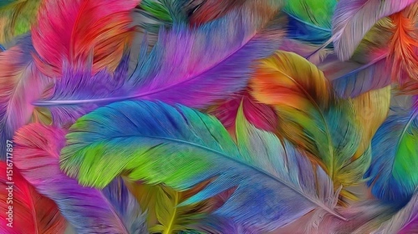 Fototapeta Colorful feathers background, digital painting with vibrant colors and rich texture
