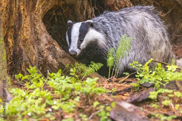 Obraz European badger portrait in wildlife. Horizontally. 
