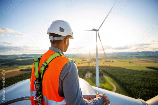 Fototapeta Wind turbine technician inspecting a wind farm at sunset, renewable energy concept