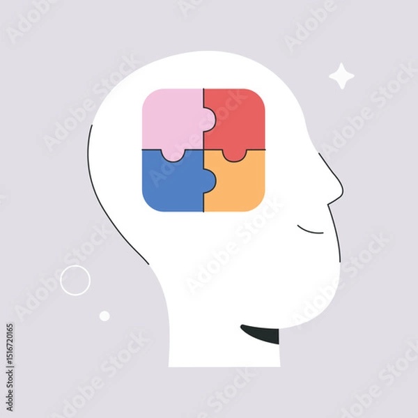 Fototapeta Smiling human head with jigsaw puzzles in the brain. Mindfulness and mental health care, people psychology problems concept. Trendy graphic design, flat vector illustration isolated on background