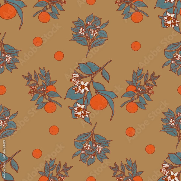 Fototapeta Cozy brown provence pattern. Fruit trees summer texture. Oriental asian botanical print. Oranges illustration