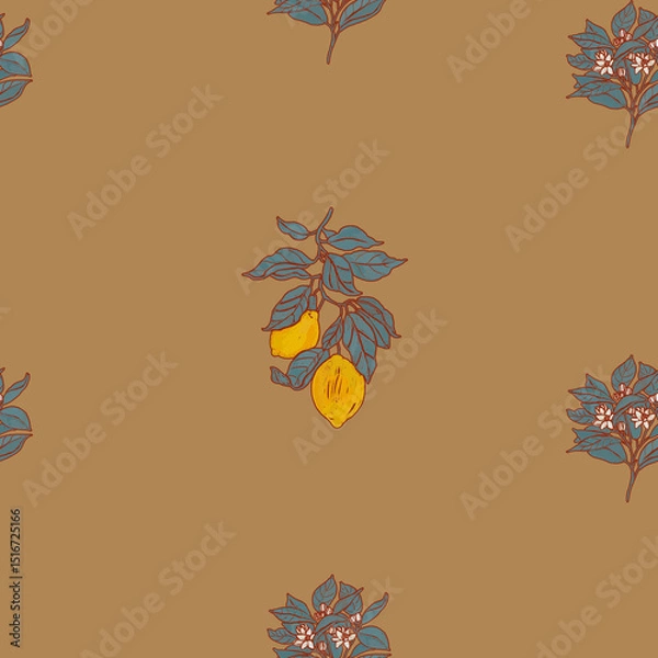 Fototapeta Cozy brown provence pattern. Fruit trees summer texture. Oriental asian botanical print. Lemon illustration