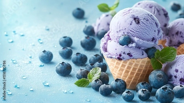 Fototapeta Blueberry Ice Cream Cone, copy space