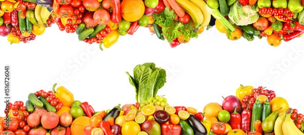 Fototapeta Collection of bright fresh and ripe fruits and vegetables in the form frame isolated on white