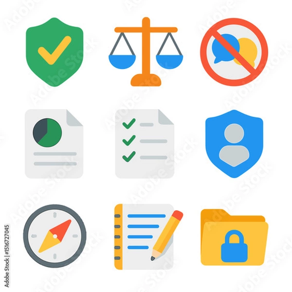 Obraz Ethical Journalism Icons. Flat icon set of ethical journalism principles: truth badge, integrity scale, no