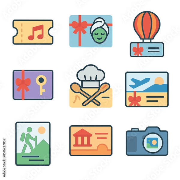 Obraz Experience Gift Icons. Flat icon set of experience-based gifts: concert ticket, spa day voucher, hot air