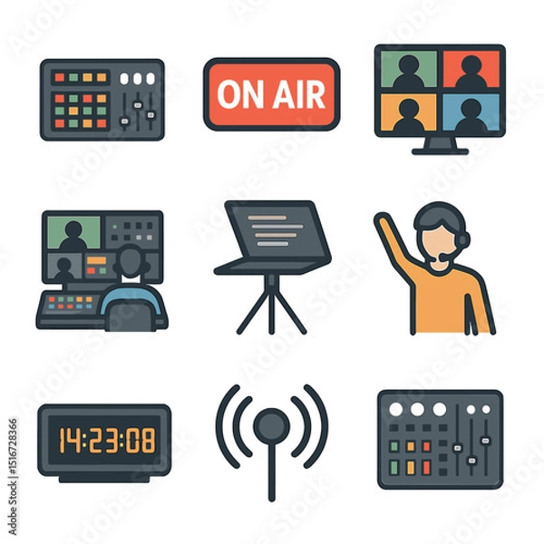 Fototapeta Live TV Icon Set. Flat icon set of live TV production: vision mixer, on-air light, multi-cam screen,